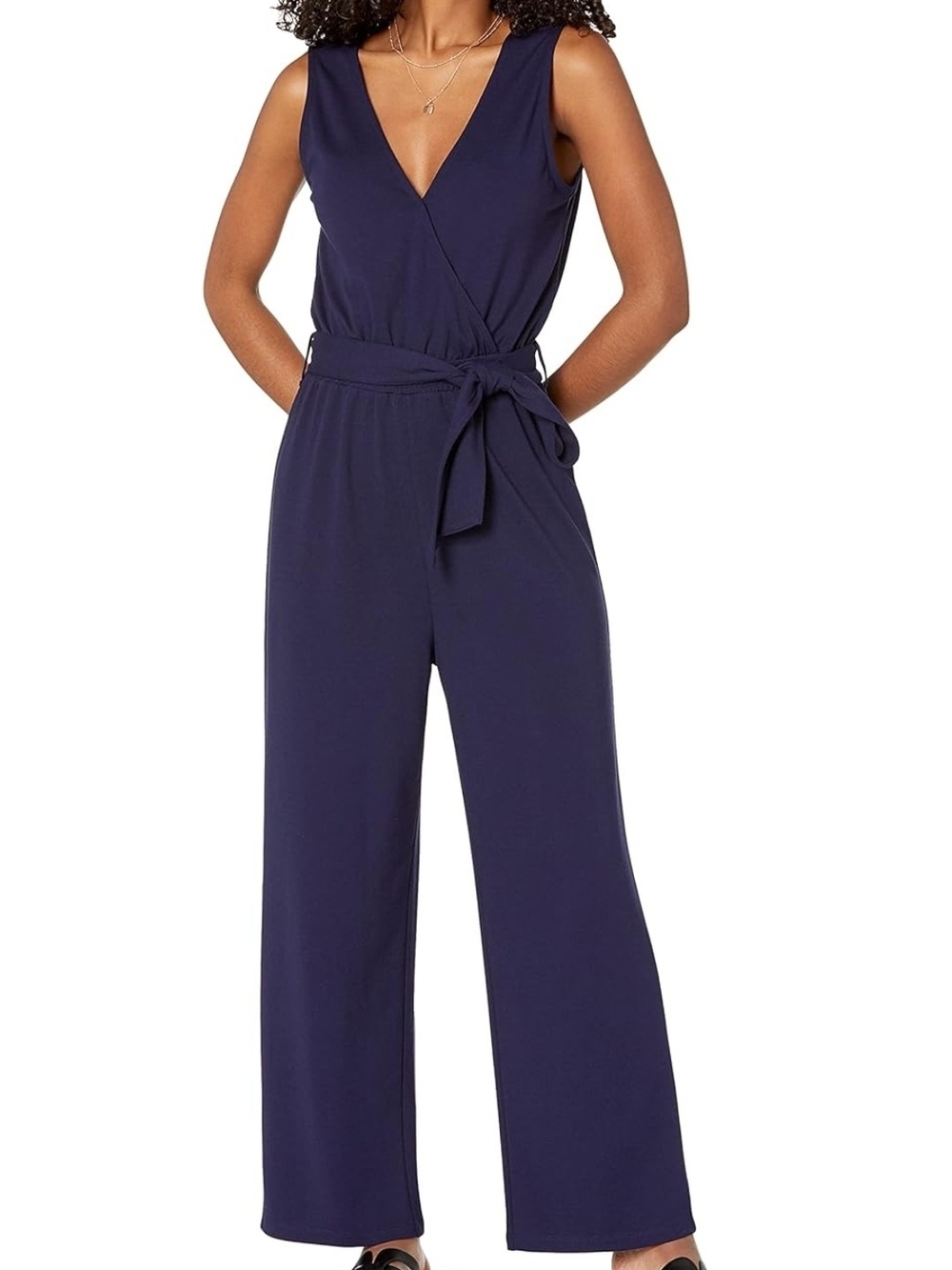 The Drop Sleeveless V-Neck Navy Jumpsuit with Waist Tie